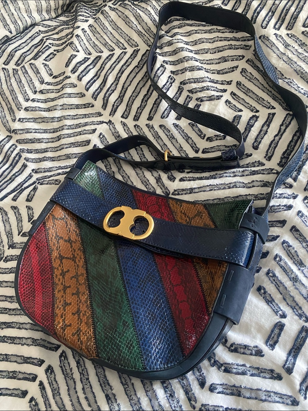 Multicolor Striped Leather Crossbody Bag - Navy Trim